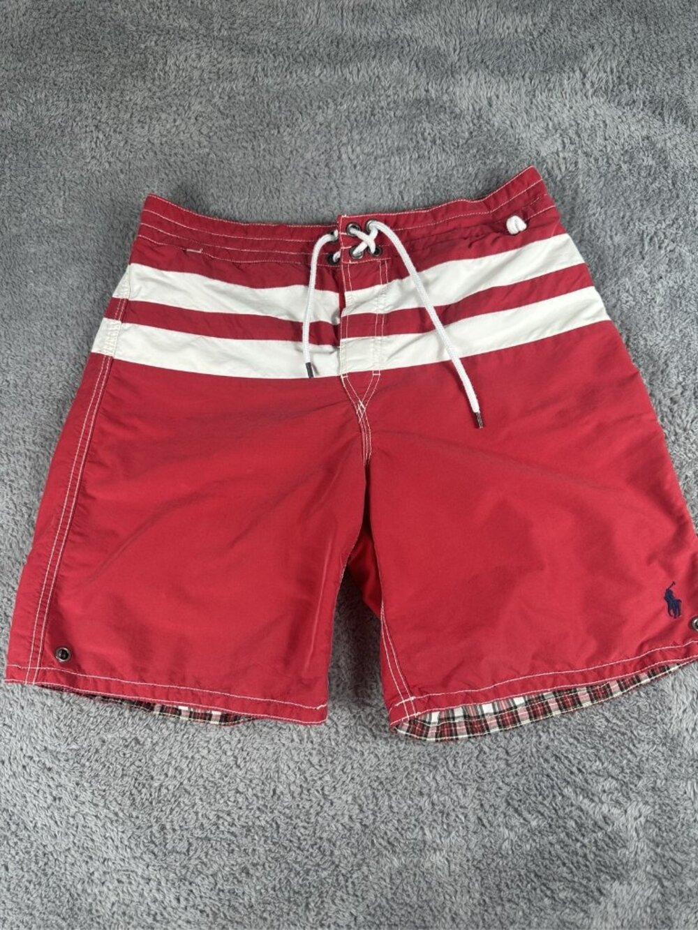 Polo Ralph Lauren Men's Reversible Swim Trunks Red White Stripe Plaid